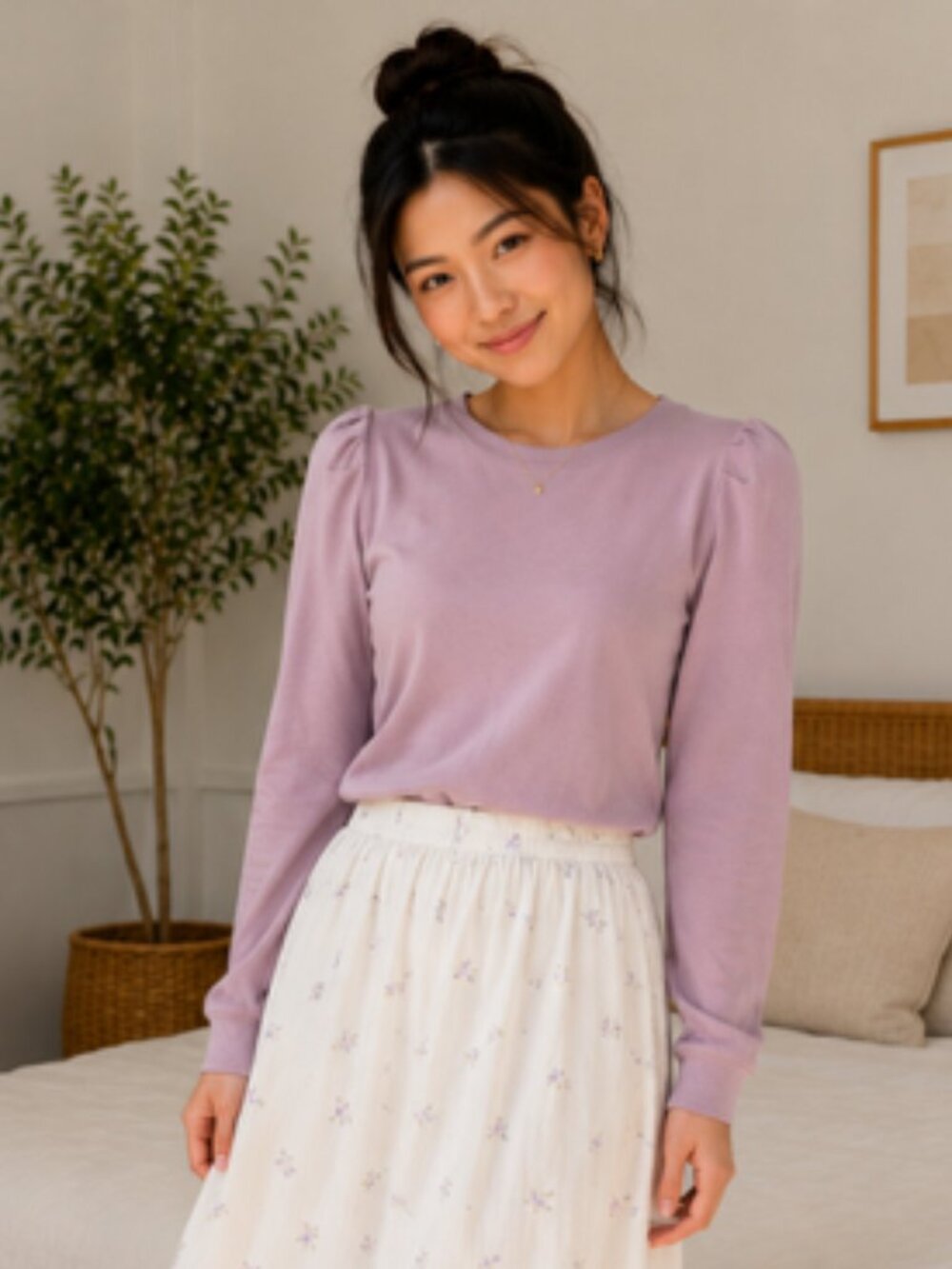 purple top with ruffle puff sleeve